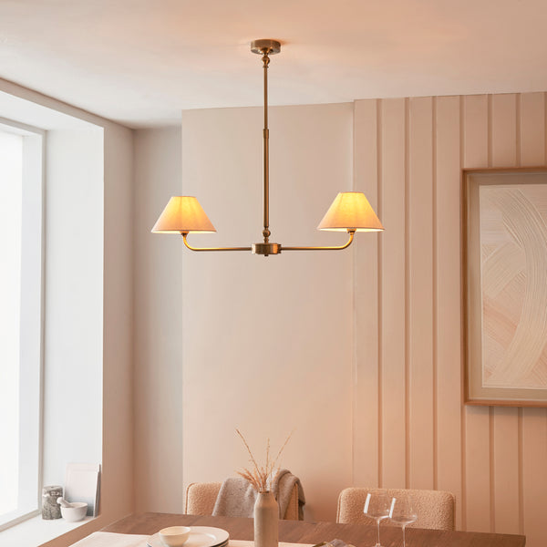 Lille Twin Light Linear Pendant in Antique Brass with Tapered Natural Linen Shades