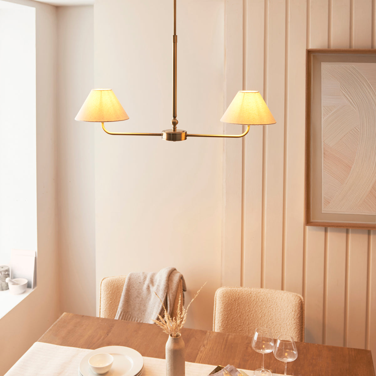 Lille Twin Light Linear Pendant in Antique Brass with Tapered Natural Linen Shades