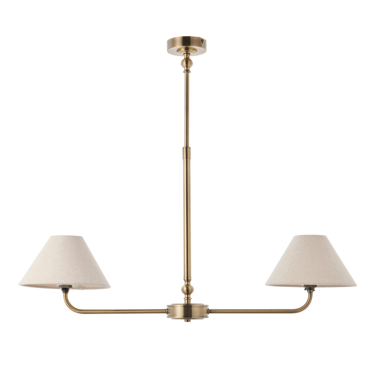 Lille Twin Light Linear Pendant in Antique Brass with Tapered Natural Linen Shades