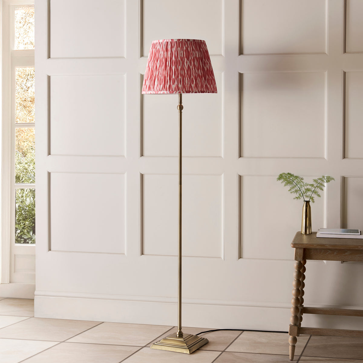 Lille Floor Lamp in Antique Brass with Coral Pink 40cm Ikat Shade