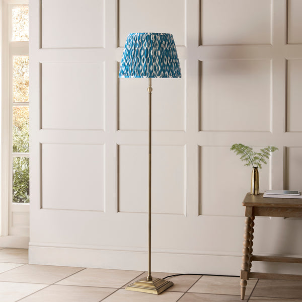 Lille Floor Lamp in Antique Brass with Marlin Blue 40cm Ikat Shade