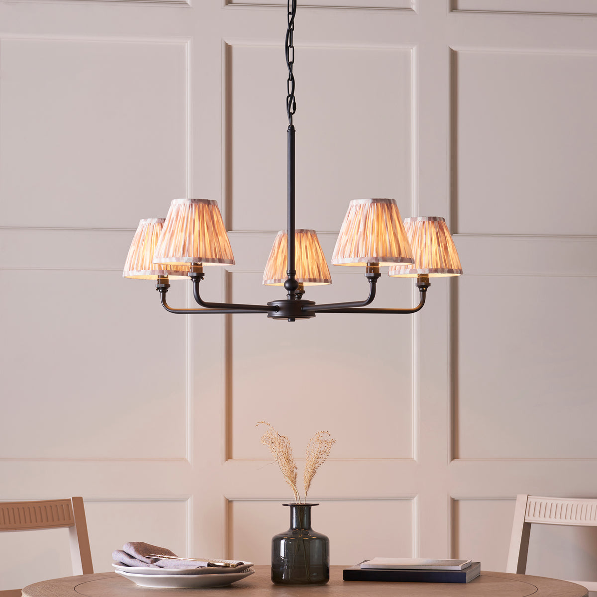 Lille Five Arm Pendant in Matt Black with Natural 16cm Ikat Shades
