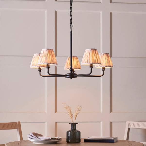 Lille Five Arm Pendant in Matt Black with Natural 16cm Ikat Shades