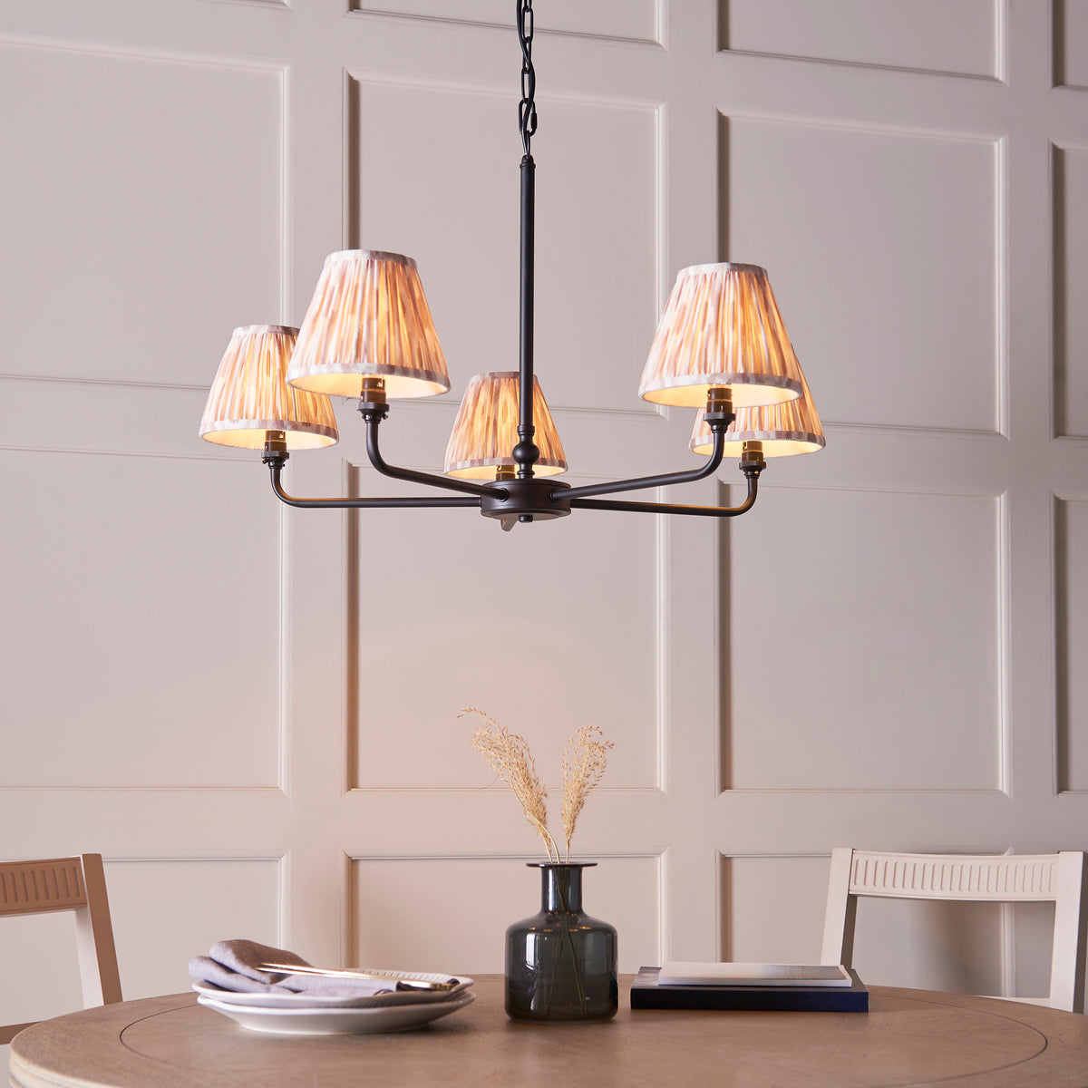 Lille Five Arm Pendant in Matt Black with Natural 16cm Ikat Shades