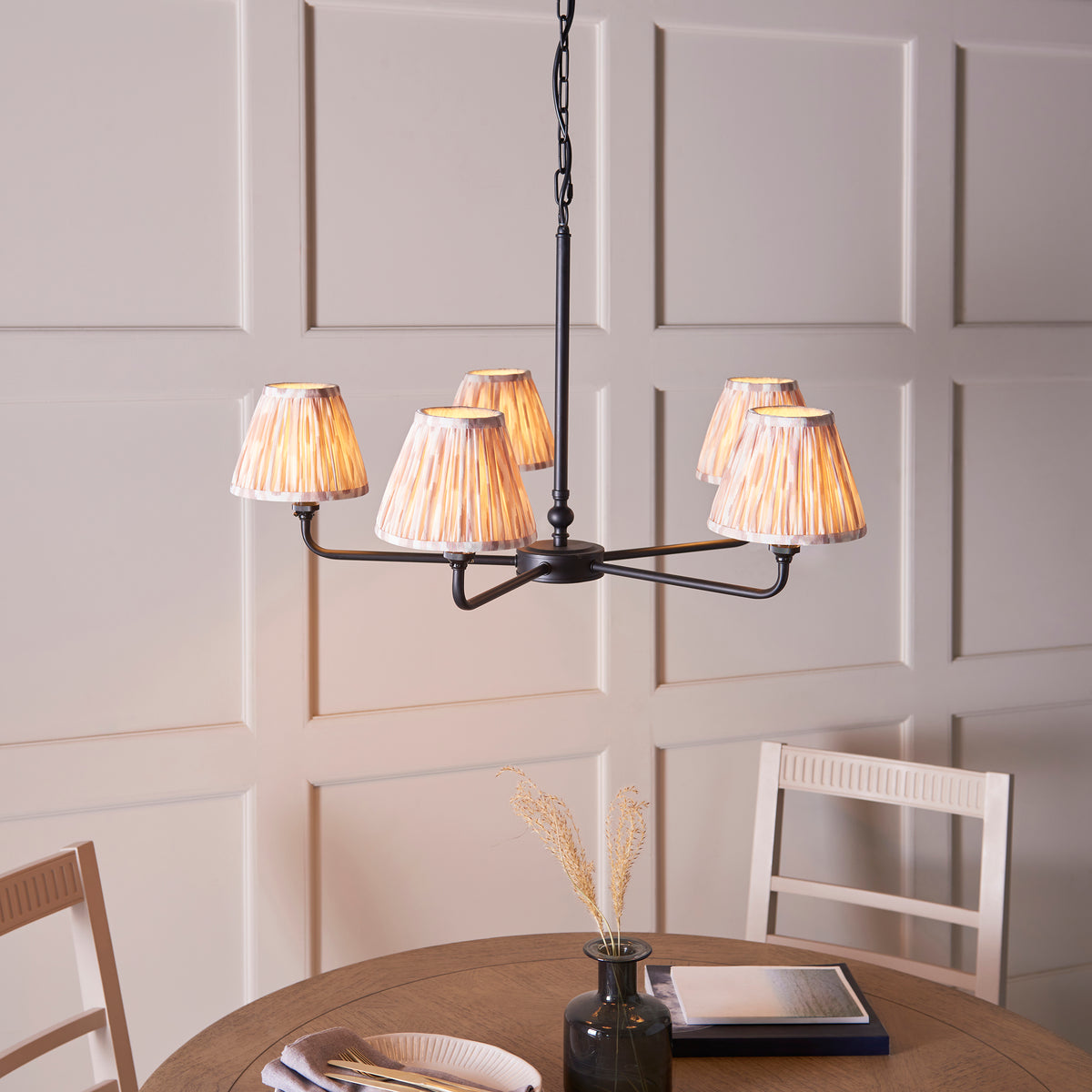 Lille Five Arm Pendant in Matt Black with Natural 16cm Ikat Shades