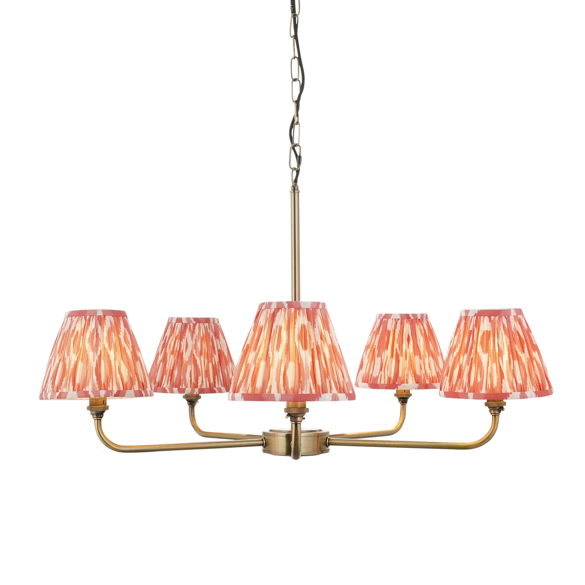 Lille Five Arm Pendant in Antique Brass with Coral Pink 16cm Ikat Shades