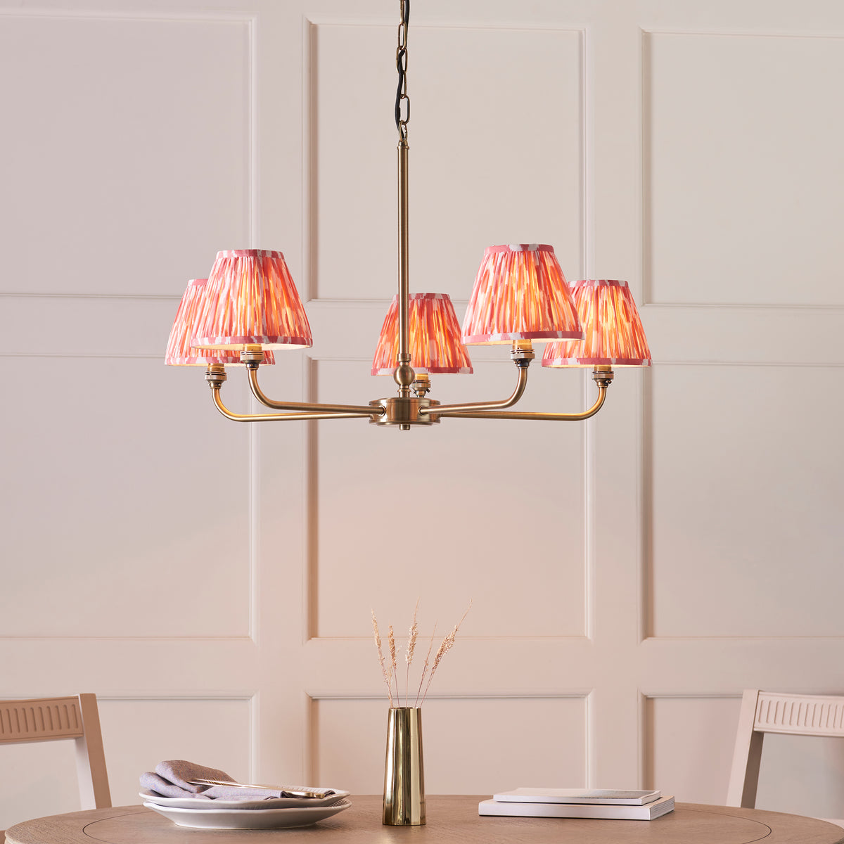 Lille Five Arm Pendant in Antique Brass with Coral Pink 16cm Ikat Shades
