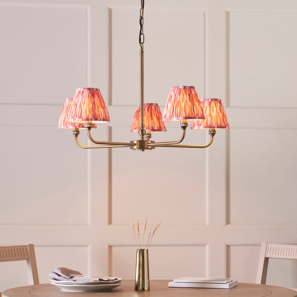 Lille Five Arm Pendant in Antique Brass with Coral Pink 16cm Ikat Shades