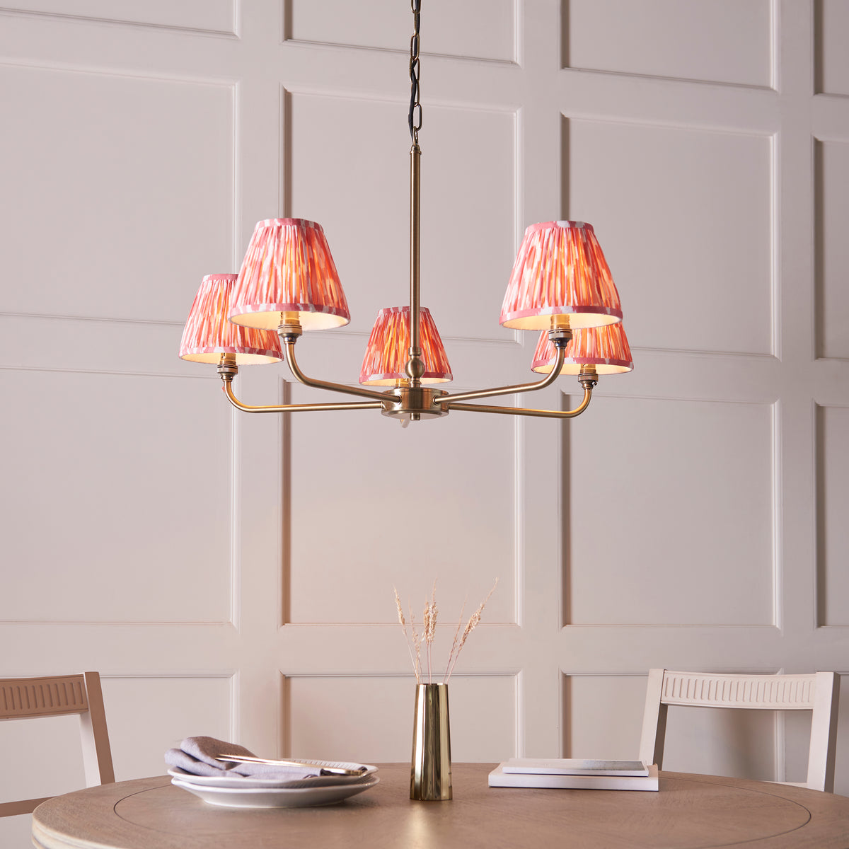 Lille Five Arm Pendant in Antique Brass with Coral Pink 16cm Ikat Shades