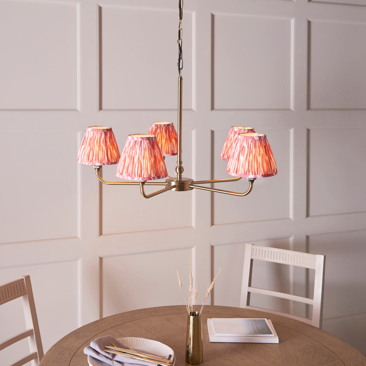 Lille Five Arm Pendant in Antique Brass with Coral Pink 16cm Ikat Shades