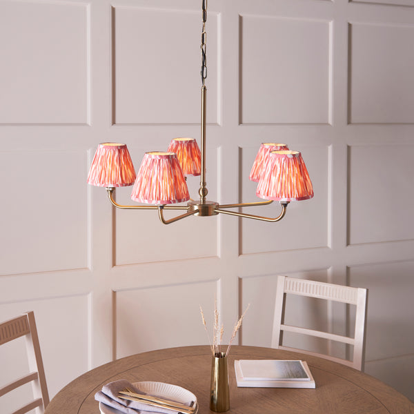 Lille Five Arm Pendant in Antique Brass with Coral Pink 16cm Ikat Shades