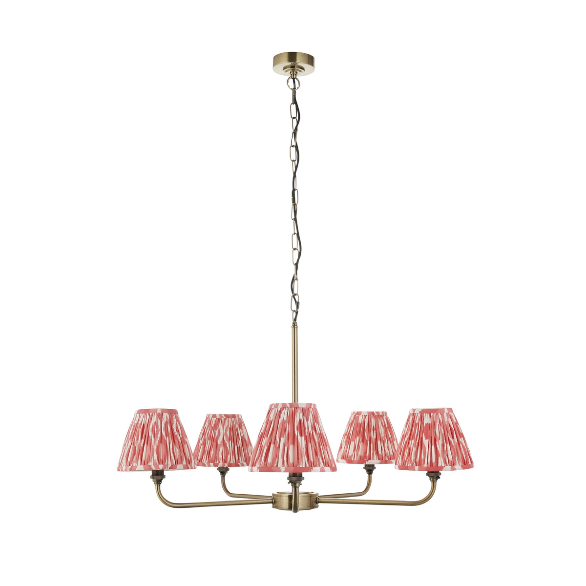 Lille Five Arm Pendant in Antique Brass with Coral Pink 16cm Ikat Shades