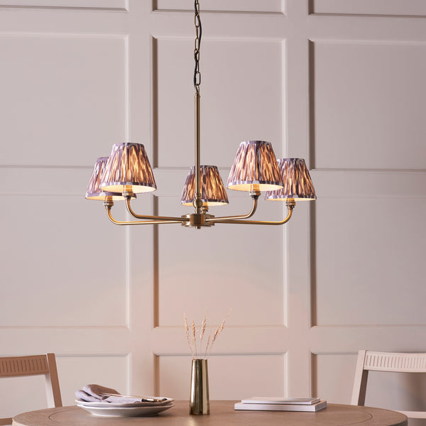 Lille Five Arm Pendant in Antique Brass with Pearl Grey 16cm Ikat Shades