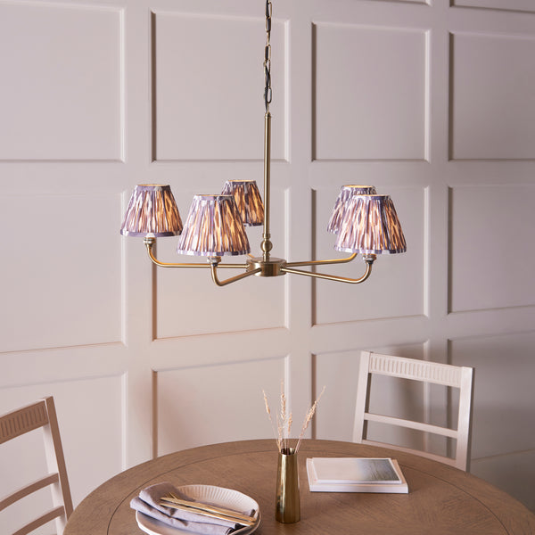 Lille Five Arm Pendant in Antique Brass with Pearl Grey 16cm Ikat Shades