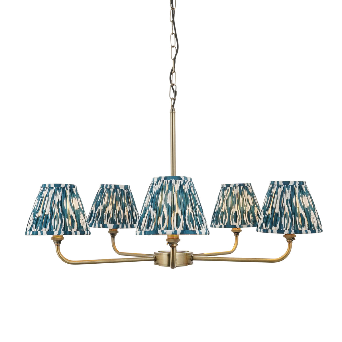 Lille Five Arm Pendant in Antique Brass with Marlin Blue 16cm Ikat Shades