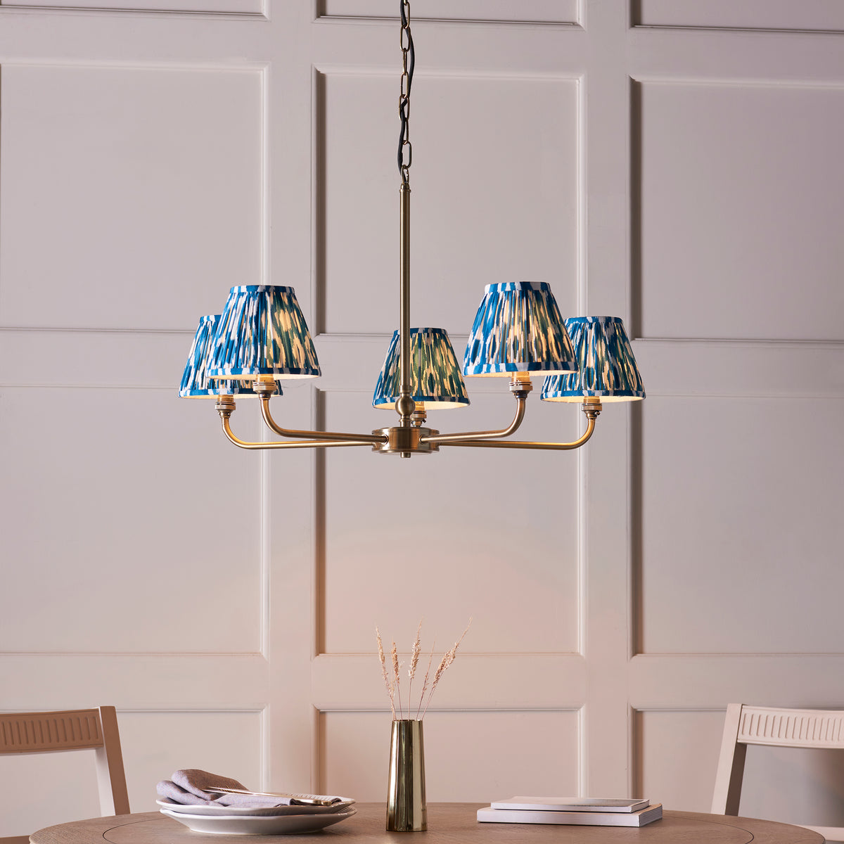 Lille Five Arm Pendant in Antique Brass with Marlin Blue 16cm Ikat Shades