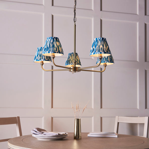 Lille Five Arm Pendant in Antique Brass with Marlin Blue 16cm Ikat Shades