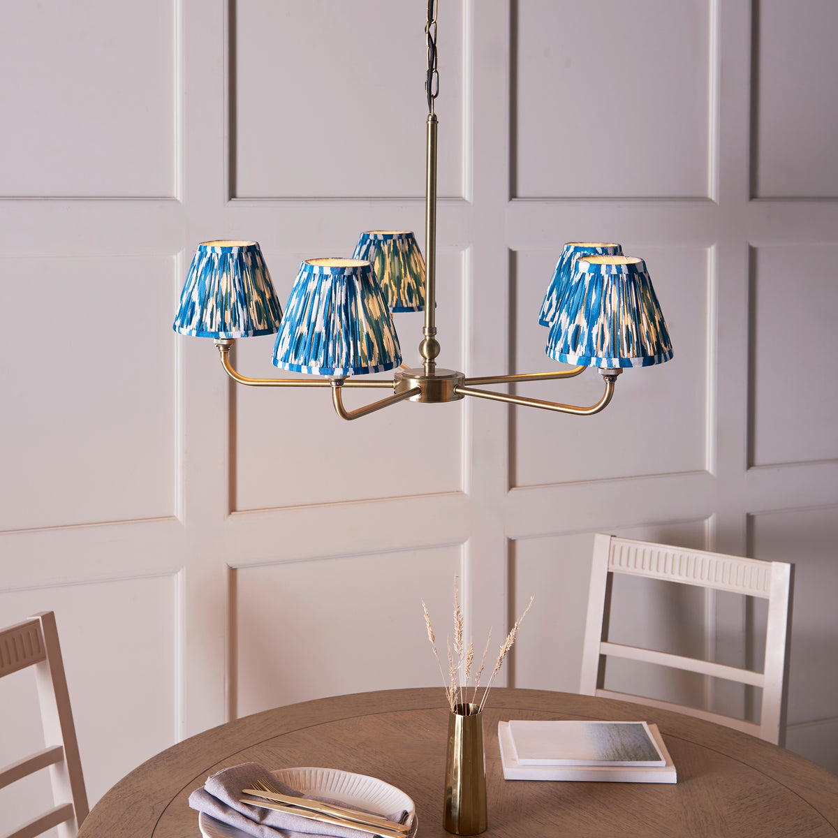 Lille Five Arm Pendant in Antique Brass with Marlin Blue 16cm Ikat Shades