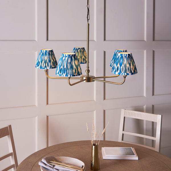 Lille Five Arm Pendant in Antique Brass with Marlin Blue 16cm Ikat Shades