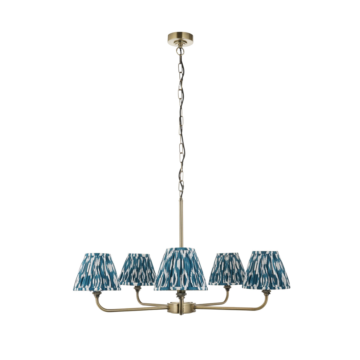 Lille Five Arm Pendant in Antique Brass with Marlin Blue 16cm Ikat Shades