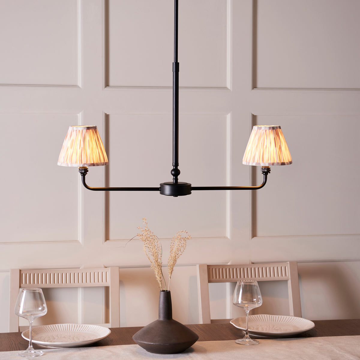 Lille Twin Light Linear Pendant in Matt Black with Natural 16cm Ikat Shades