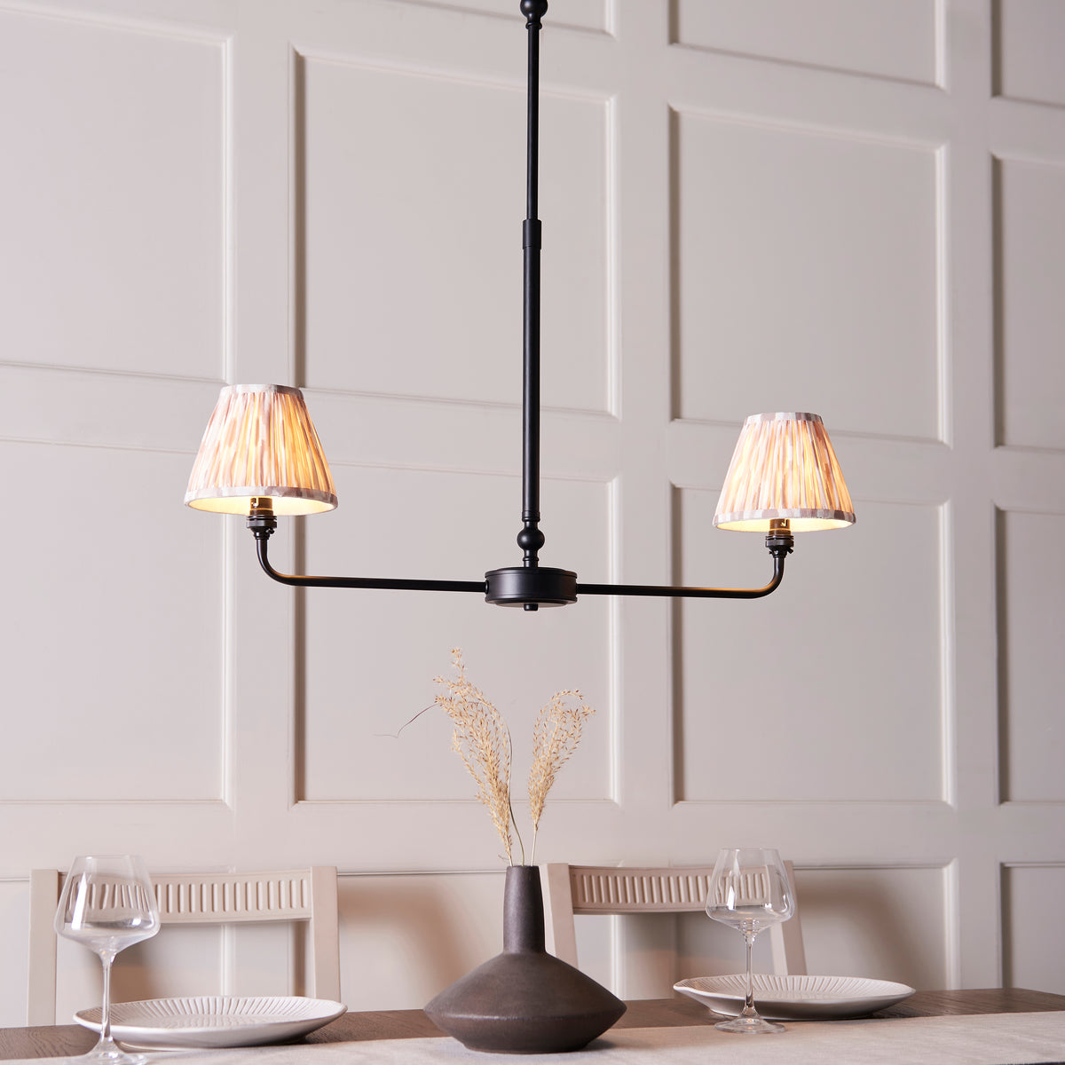 Lille Twin Light Linear Pendant in Matt Black with Natural 16cm Ikat Shades
