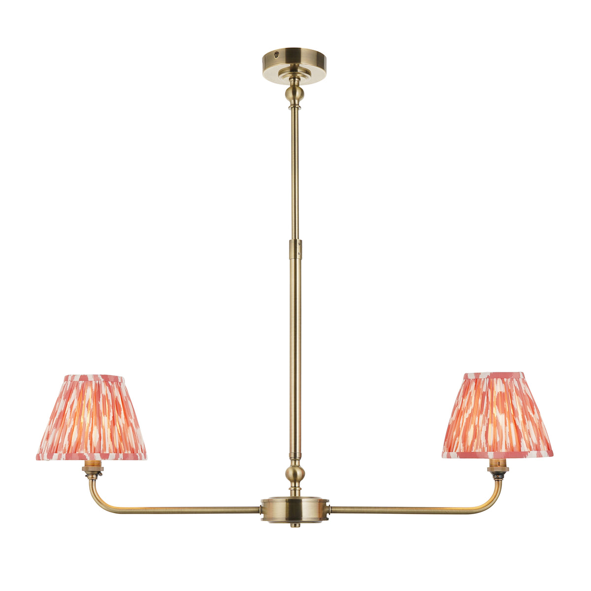 Lille Twin Light Linear Pendant in Antique Brass with Coral Pink 16cm Ikat Shades