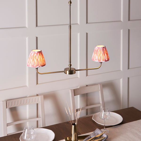 Lille Twin Light Linear Pendant in Antique Brass with Coral Pink 16cm Ikat Shades