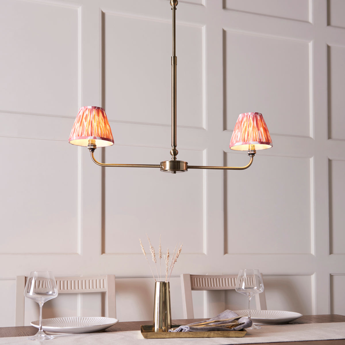 Lille Twin Light Linear Pendant in Antique Brass with Coral Pink 16cm Ikat Shades