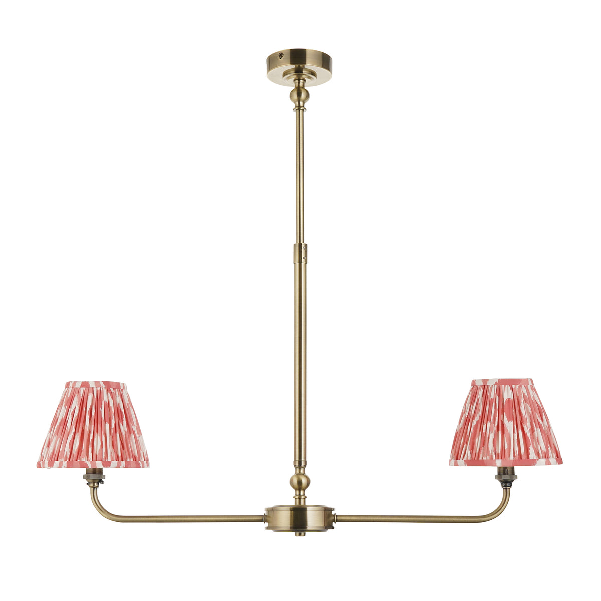 Lille Twin Light Linear Pendant in Antique Brass with Coral Pink 16cm Ikat Shades
