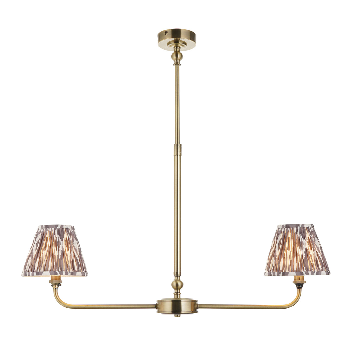 Lille Twin Light Linear Pendant in Antique Brass with Pearl Grey 16cm Ikat Shades