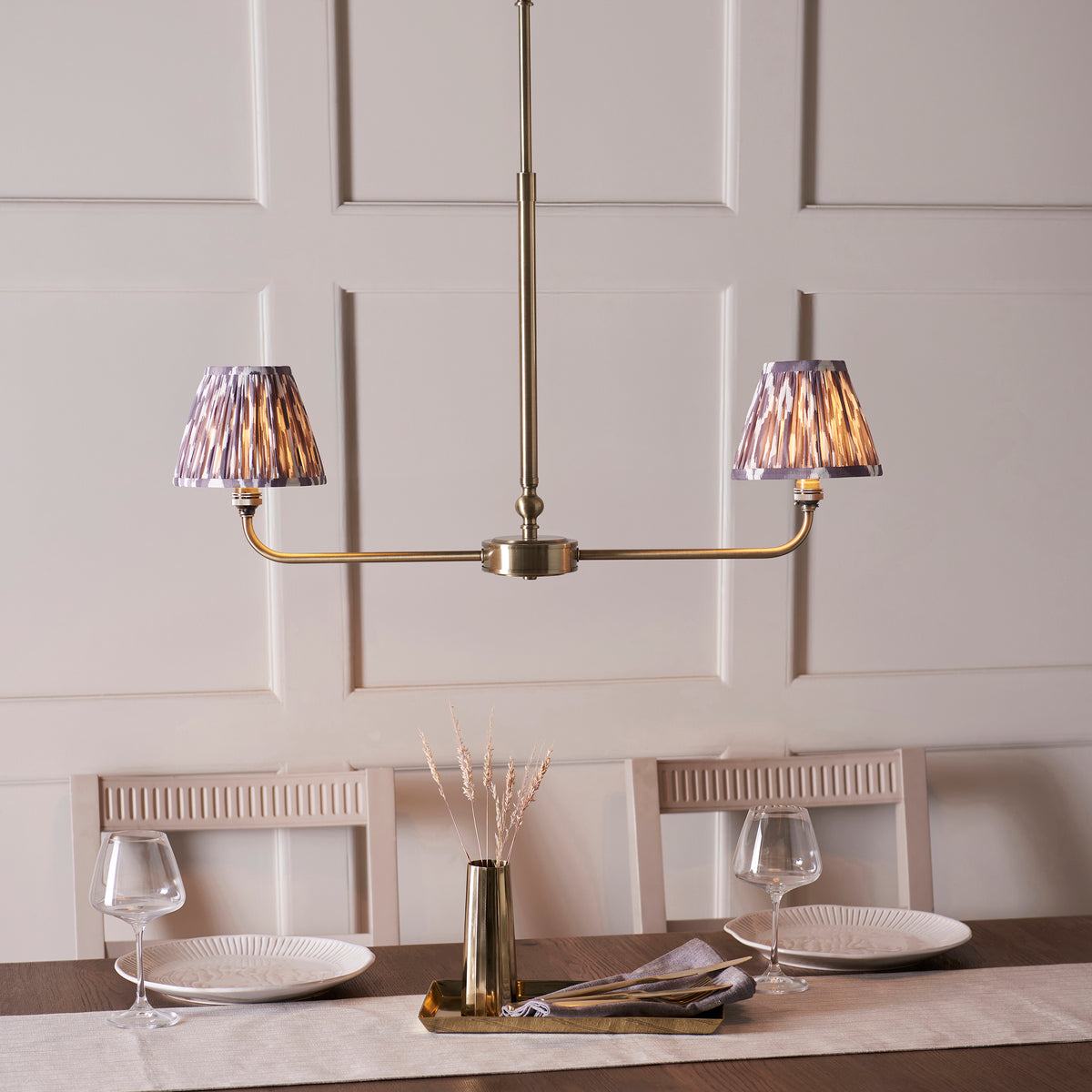Lille Twin Light Linear Pendant in Antique Brass with Pearl Grey 16cm Ikat Shades