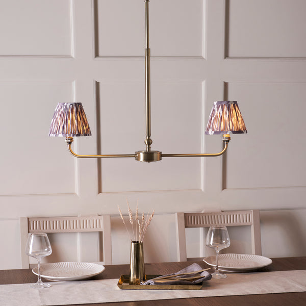 Lille Twin Light Linear Pendant in Antique Brass with Pearl Grey 16cm Ikat Shades