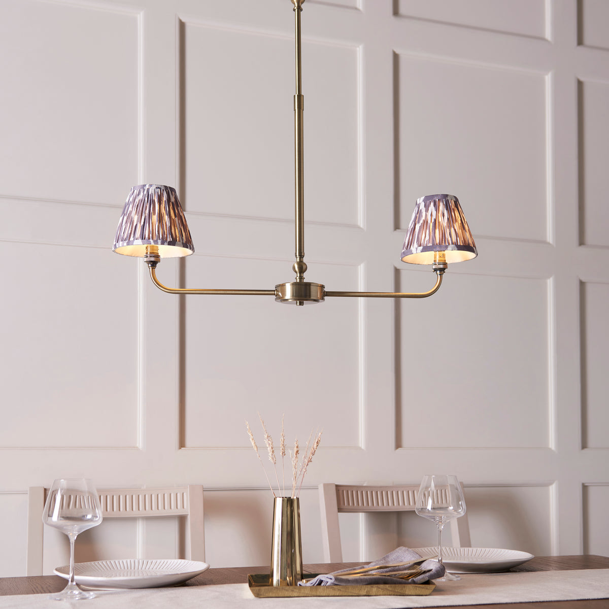 Lille Twin Light Linear Pendant in Antique Brass with Pearl Grey 16cm Ikat Shades