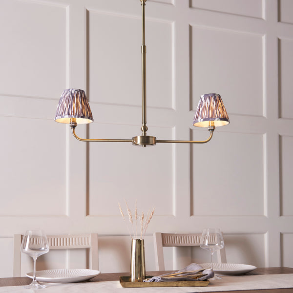 Lille Twin Light Linear Pendant in Antique Brass with Pearl Grey 16cm Ikat Shades