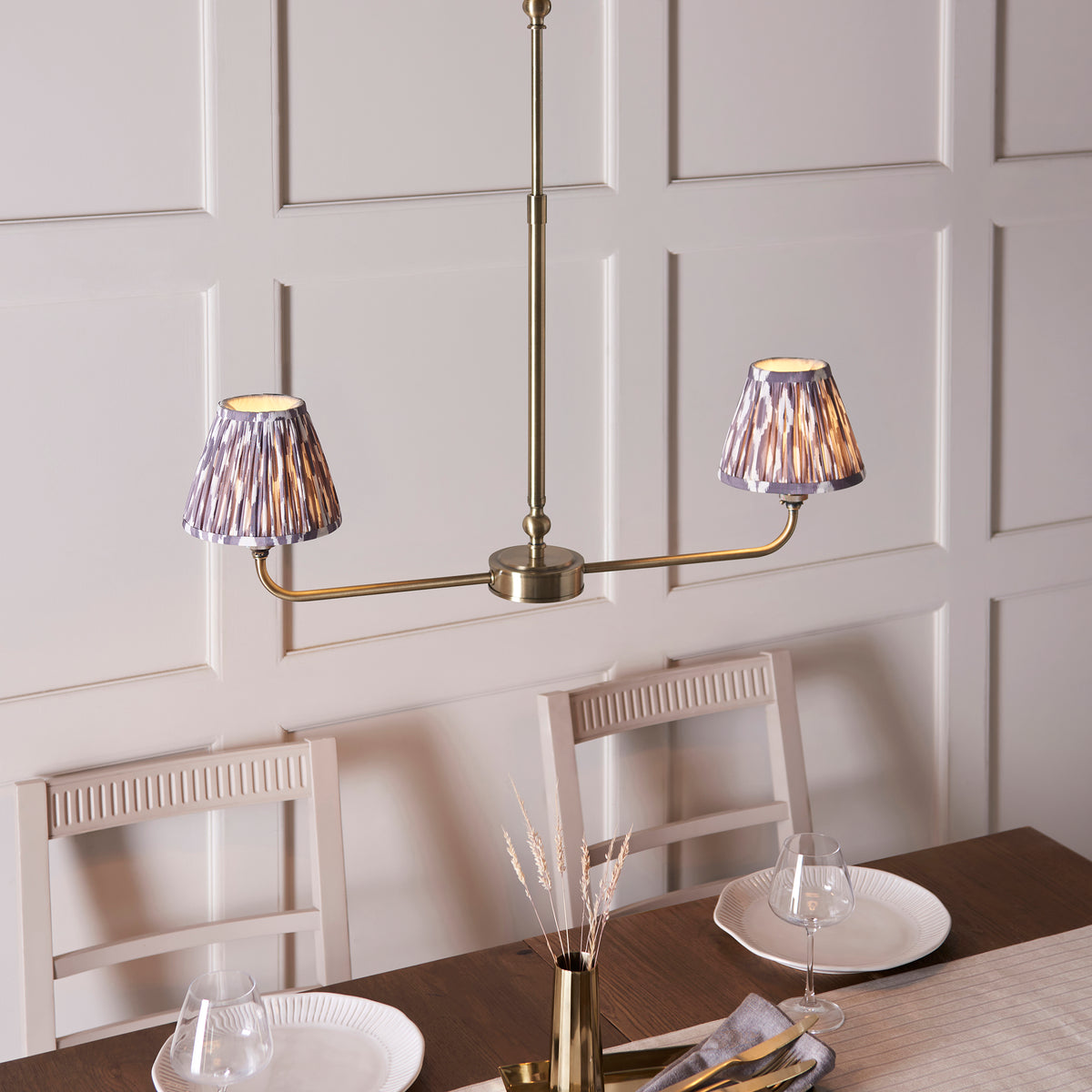 Lille Twin Light Linear Pendant in Antique Brass with Pearl Grey 16cm Ikat Shades