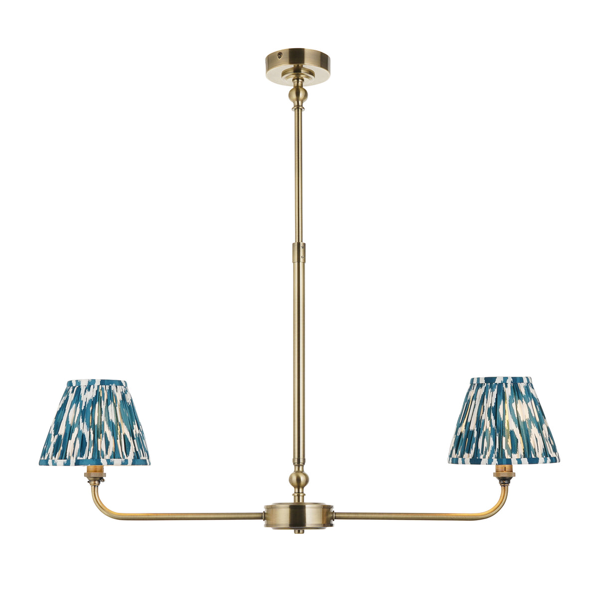 Lille Twin Light Linear Pendant in Antique Brass with Marlin Blue 16cm Ikat Shades