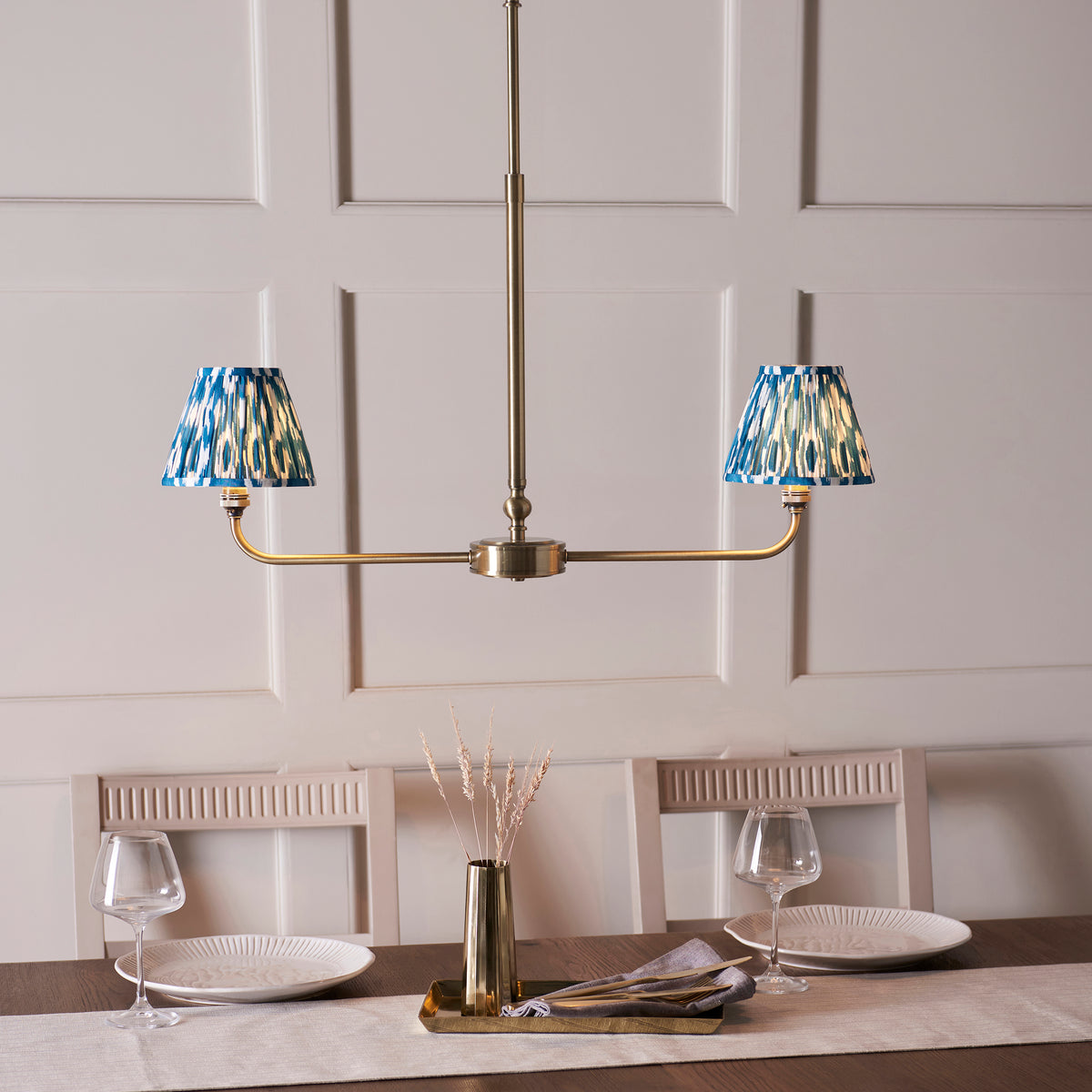 Lille Twin Light Linear Pendant in Antique Brass with Marlin Blue 16cm Ikat Shades