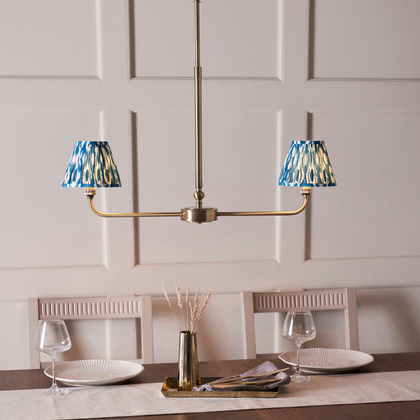 Lille Twin Light Linear Pendant in Antique Brass with Marlin Blue 16cm Ikat Shades