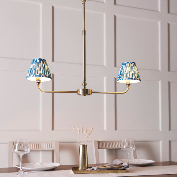 Lille Twin Light Linear Pendant in Antique Brass with Marlin Blue 16cm Ikat Shades