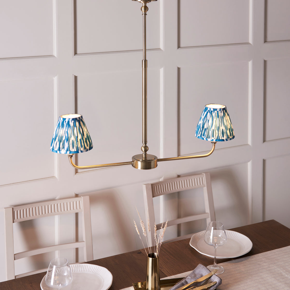 Lille Twin Light Linear Pendant in Antique Brass with Marlin Blue 16cm Ikat Shades