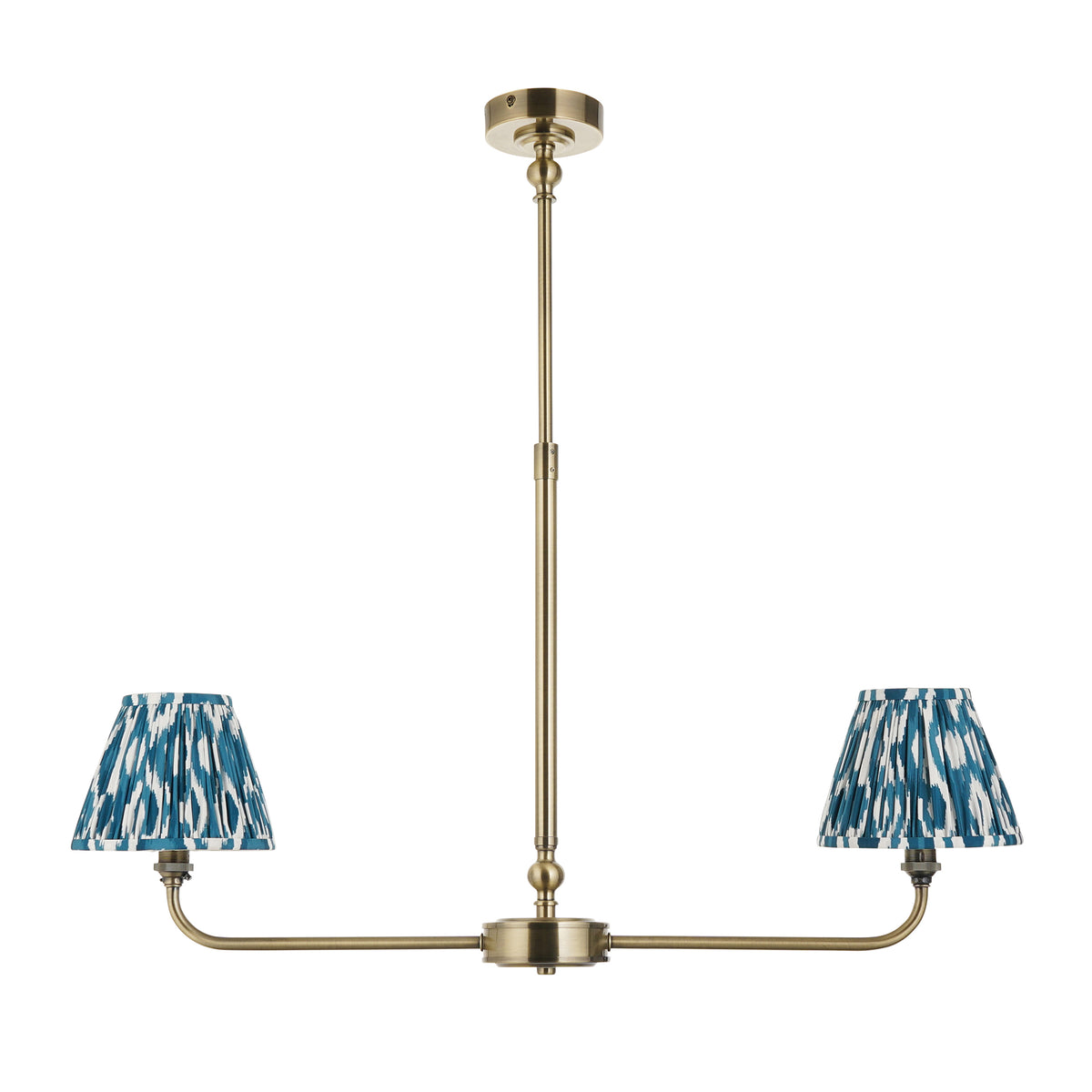 Lille Twin Light Linear Pendant in Antique Brass with Marlin Blue 16cm Ikat Shades