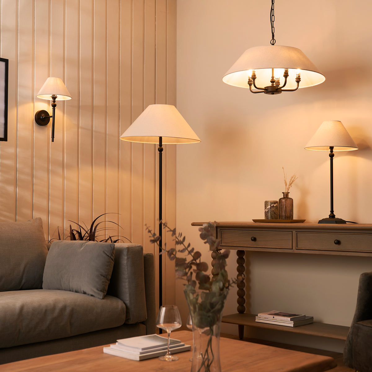 Lille Table Lamp in Matt Black with 22cm Tapered Natural Linen Shade