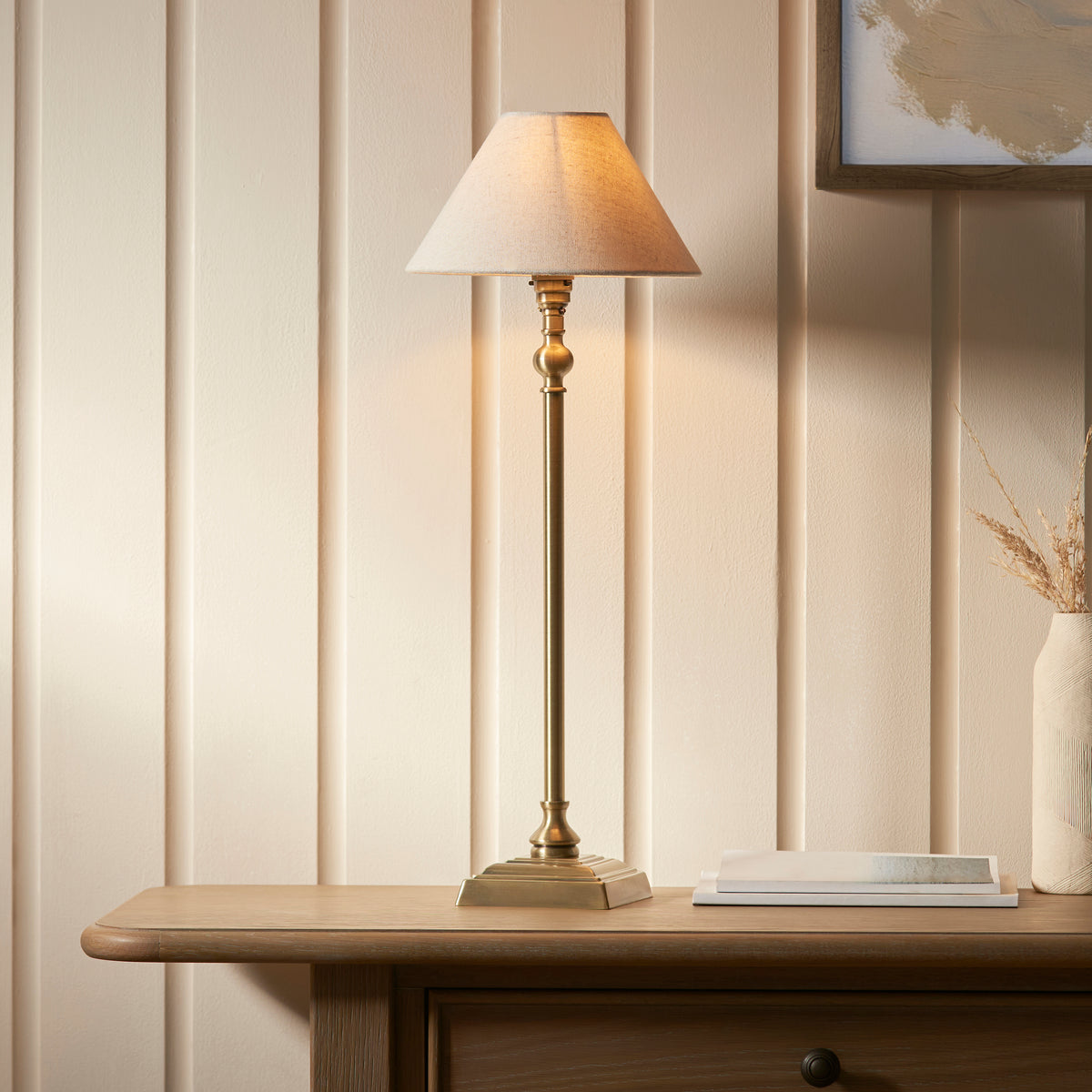 Lille Table Lamp in Antique Brass with 22cm Tapered Natural Linen Shade