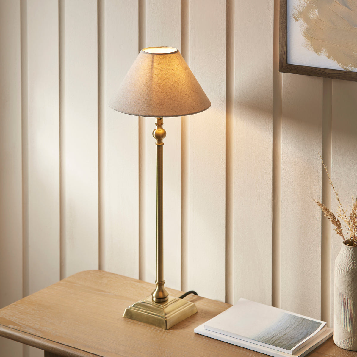 Lille Table Lamp in Antique Brass with 22cm Tapered Natural Linen Shade