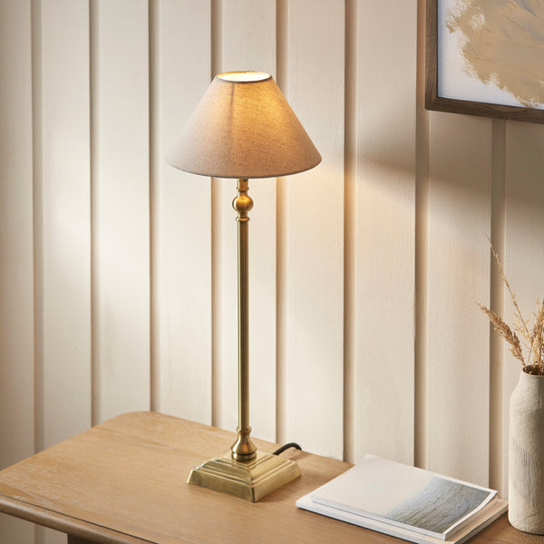 Lille Table Lamp in Antique Brass with 22cm Tapered Natural Linen Shade
