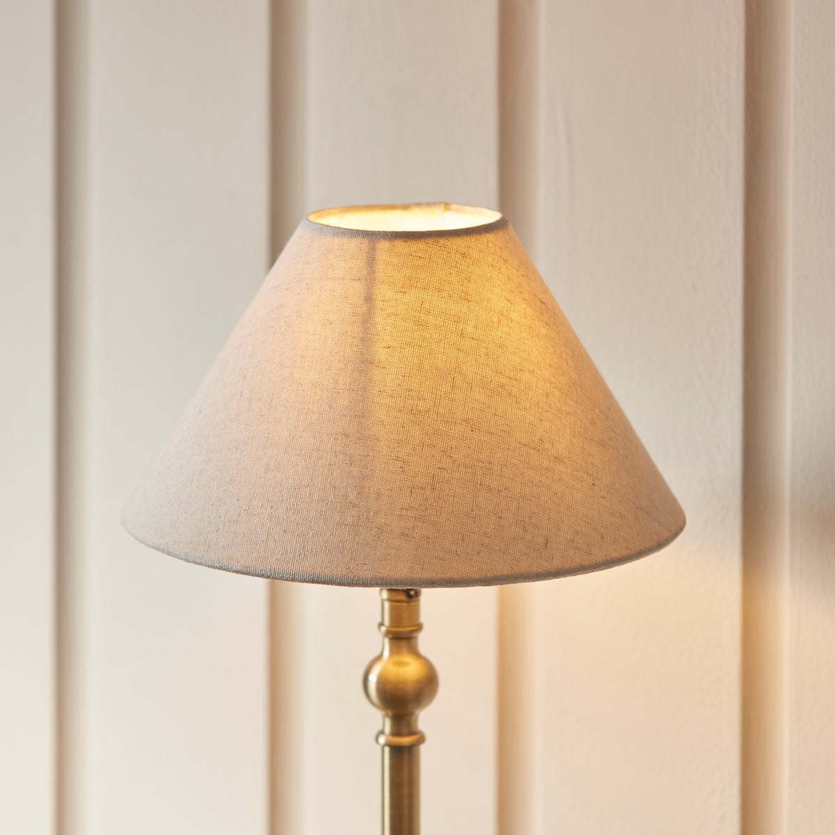 Lille Table Lamp in Antique Brass with 22cm Tapered Natural Linen Shade
