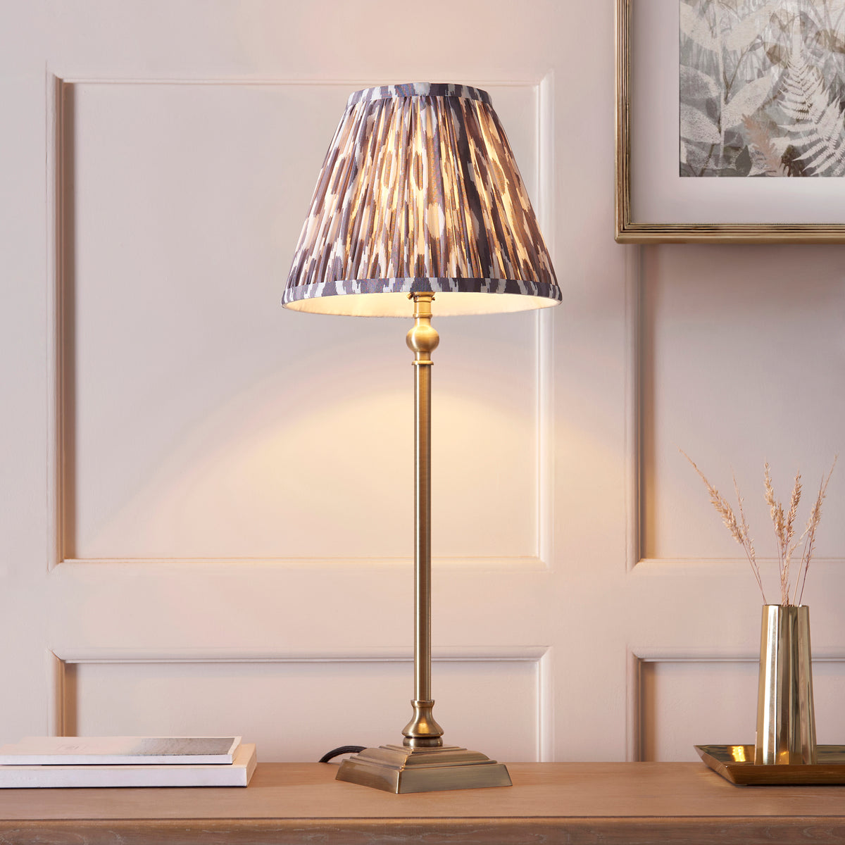 Lille Table Lamp in Antique Brass with Pearl Grey 25cm Ikat Shade