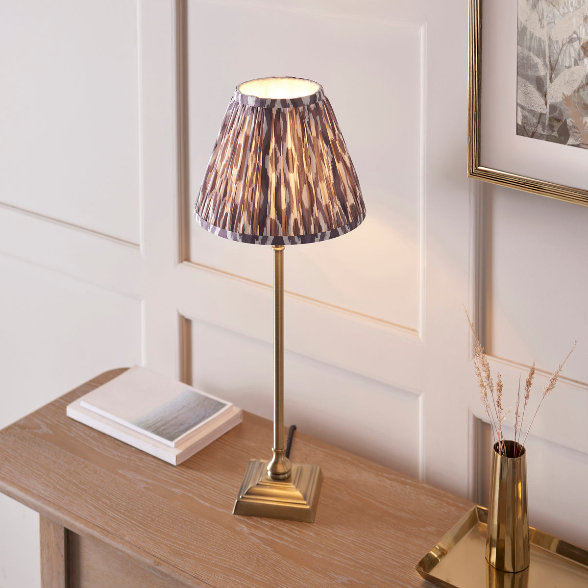 Lille Table Lamp in Antique Brass with Pearl Grey 25cm Ikat Shade