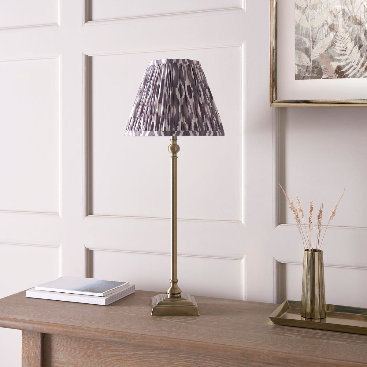 Lille Table Lamp in Antique Brass with Pearl Grey 25cm Ikat Shade
